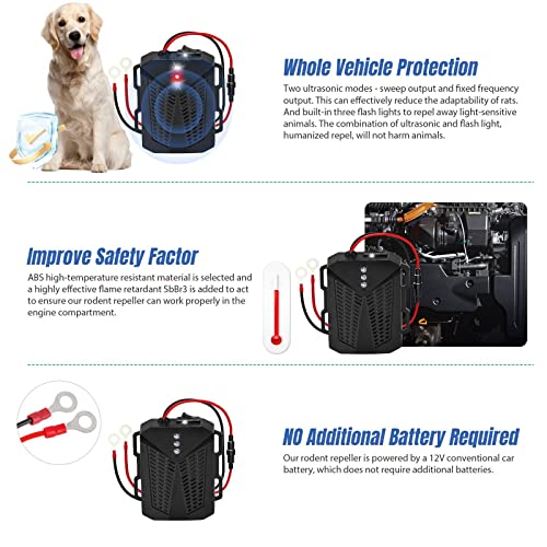2 Pack Rodent Repellent for Car Engines with Two Ultrasonic Modes & Evictor Flashing Lights to Keep Mouse Squirrel Rat Out, Humanized Ultrasonic Pest Repeller Under Hood Rodent Repeller for 12V Car