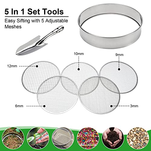 Soil Sieve Garden Potting Riddle Sieve Stainless Steel Soil Sieve Set, With 5 Interchangeable Filter Mesh Sizes 3,6,9,10,12mm and Bonus Spade