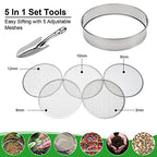 Soil Sieve Garden Potting Riddle Sieve Stainless Steel Soil Sieve Set, With 5 Interchangeable Filter Mesh Sizes 3,6,9,10,12mm and Bonus Spade