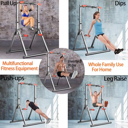 DOBESTS Foldable Power Tower Dip Station Pull Up Bar Station Adjustable Multifunction Fitness Tower Station Training Equipment Home Outdoor, Stable Triangular Structure