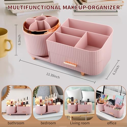 Makeup Organizer for Vanity, Cosmetic Display Case with Drawers, Fits Makeup, Skincare Products, Brushes, Lipsticks, and Other Accessories, Versatile Storage Solution (Pink)
