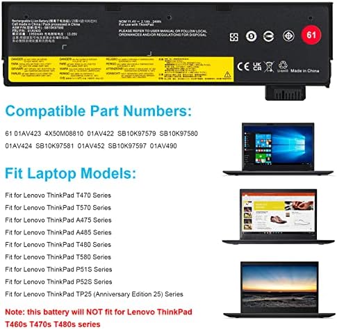 01AV423 01AV452 Laptop Battery Replacement for Lenovo ThinkPad T570 T580 T470 T480 P51S P52S TP25 A475 A485 01AV422 01AV424 01AV490 4X50M08810 SB10K97579 SB10K97580 SB10K97581 SB10K97597 - 11.4V 24Wh