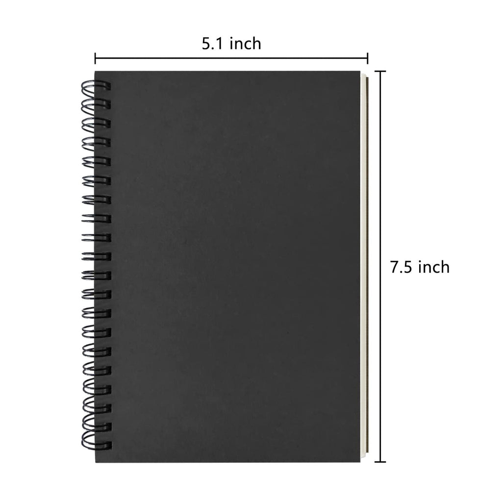 Blank Spiral Notebook, 2-Pack, Soft Cover, Sketch book, 100 Pages / 50 Sheets, 7.5 inch x 5.1 inch, 100GSM, (Black)