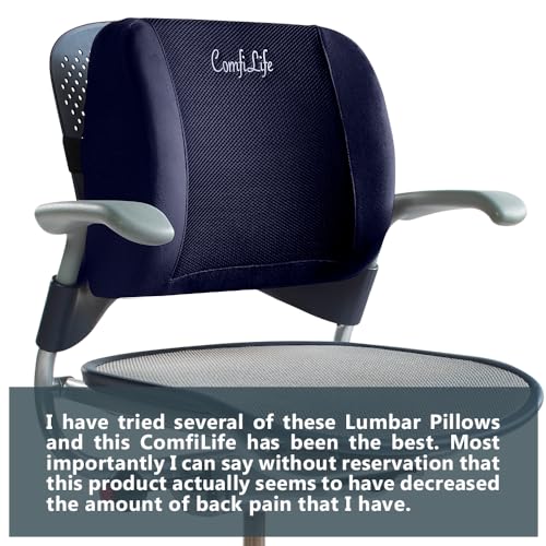 ComfiLife Lumbar Support Back Pillow Office Chair and Car Seat Cushion - Memory Foam with Adjustable Strap and Breathable 3D Mesh (Navy)