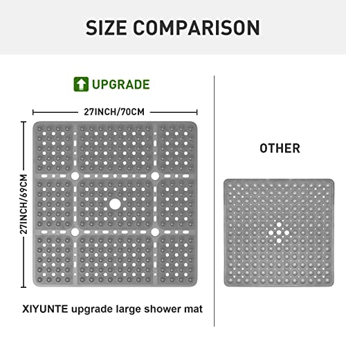 XIYUNTE Large Square Shower Mat - 27x27inch Non Slip Shower Mats for Shower Anti Slip for Elderly, Square Shower Stall Floor Mat with Powerful Suction Cup and Drain Holes, Machine Washable, Clear Grey