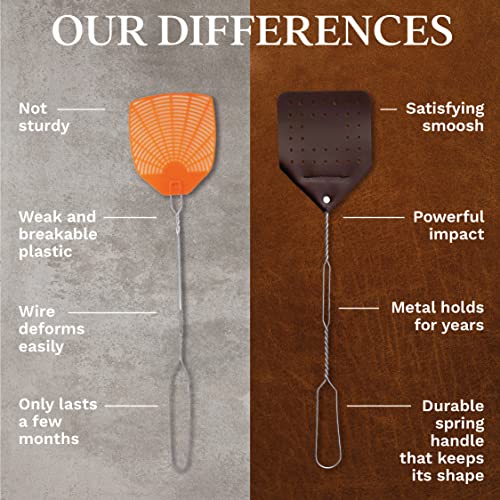 Hope Woodworking Leather Fly Swatter Set (1 Pack) – 17” Amish-Made Fly Swat w/Real Leather Paddle – Fly Swatters Multi Pack w/Metal Handle – Bug Swatter, Mosquito Swatter, Wasp Swatter (Chocolate)