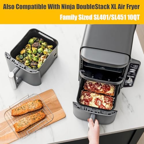 10QT Air Fryer Silicone Liners for Ninja DZ401/DZ550/SL401/SL451/DZ302,MMH 2Pcs Rectangle Food-Grade Airfryer Silicone Pot Reusable Replacement Baking Basket for Cosori 9QT 8-in-1 Dual Air Fryer,Black