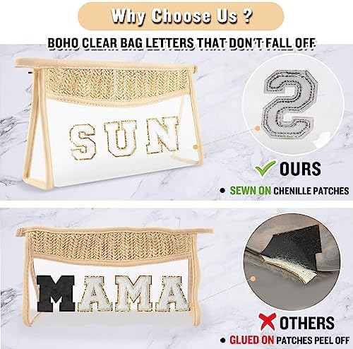 2 Pcs Boho Straw Clear Makeup Letter Bag BEACH Pouch, Sunscreen Bags for Beach Travel Small Cute Chenille Letter SPF Bag Pouch,Waterproof Beach Toiletry Sun Bag Beach Accessories for Women(SPF+SUN)