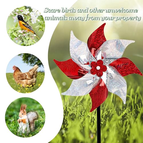 Hausse 10 Pack Reflective Pinwheels, Extra Sparkly Wind Sculptures for Garden Christmas Holiday Winter Decor, Bird Devices Deterrent to Scare Birds Away from Yard Patio Farm, Red & Silver
