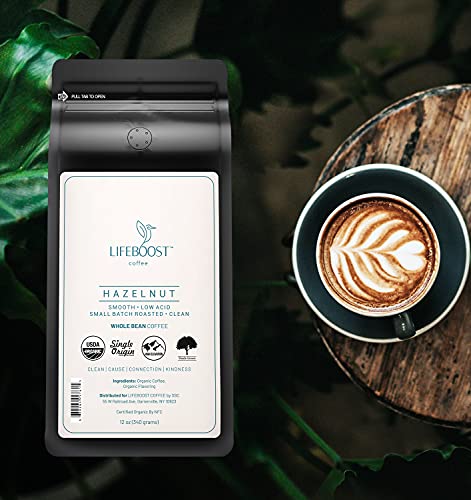 Lifeboost Coffee Whole Bean Hazelnut Coffee - Low Acid Single Origin Non-GMO Organic Coffee Beans - Third Party Tested For Mycotoxins & Pesticides - 12 Ounces