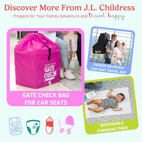 J.L. Childress Gate Check Bag for Single & Some Double Strollers - Travel Bag for Airplane, Fits Most Standard Baby Strollers, Airport Accessories Gate Check, Flying Essentials - Neon Pink