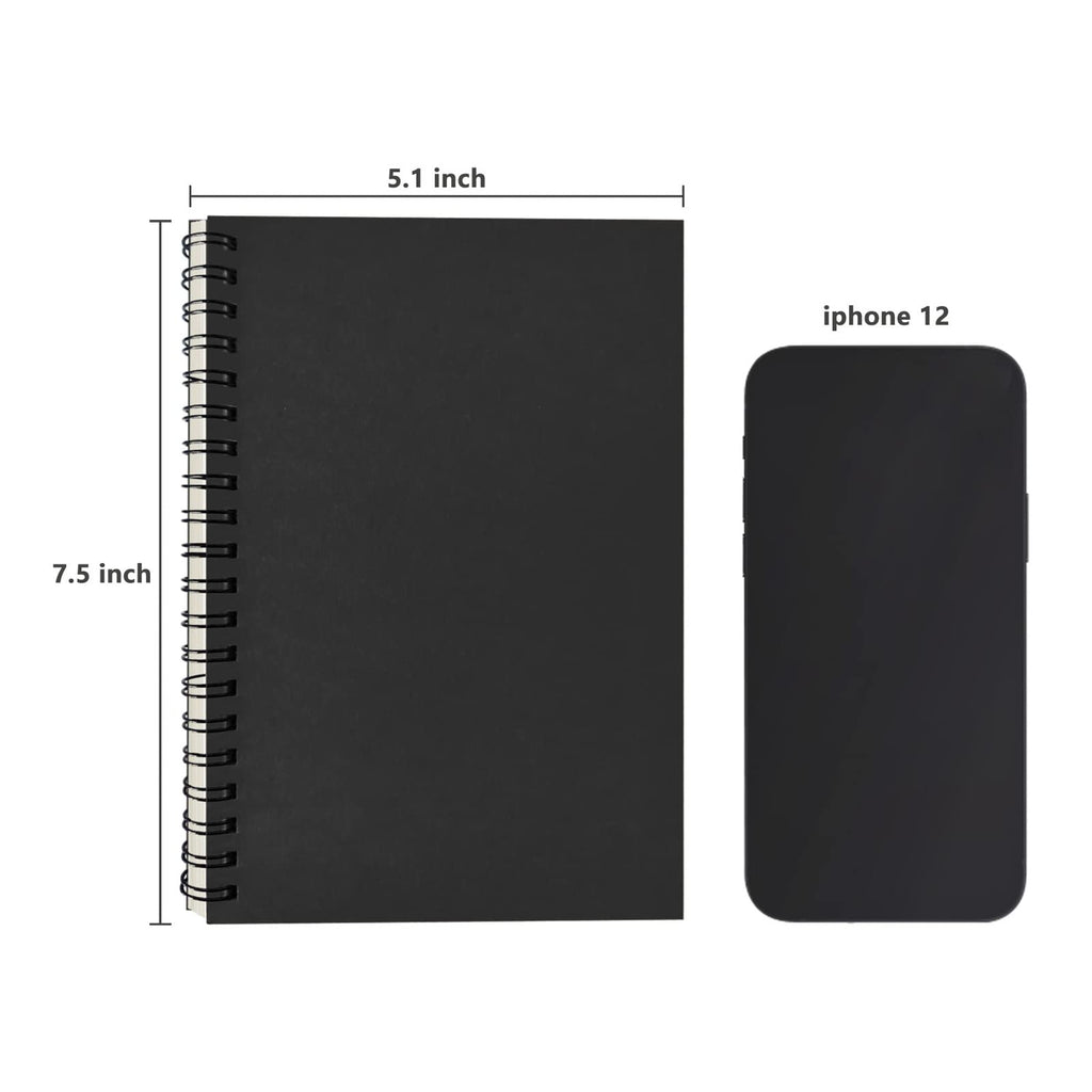 Blank Spiral Notebook, 2-Pack, Soft Cover, Sketch book, 100 Pages / 50 Sheets, 7.5 inch x 5.1 inch, 100GSM, (Black)