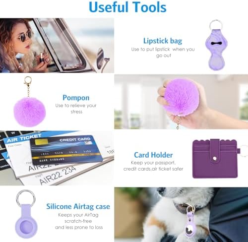 AMIR Safety Keychain Set for Women, Wristlet Strap Keychain with Personal Alarm and Pom Pom Accessories Kit, Gifts for Women and Girls (Purple)