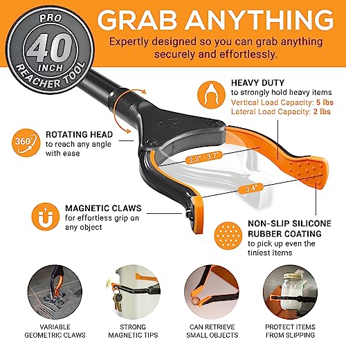 EZPIK 40" long extended grabber reacher tool for elderly - trash hand grabber pickup sticks for seniors - telescoping extension grabber claw pickup tool - hand extension magnetic folding grabber 2pack
