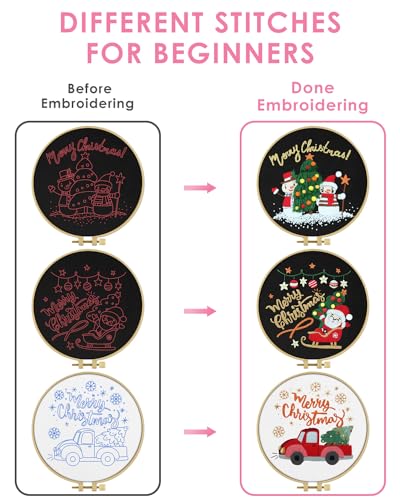 TINDTOP Christmas Embroidery Kit for Adult Beginners, 3 Sets Embroidery Stitch Practice kit Include Embroidery Cloth Hoops Threads for Craft Lover Hand Stitch