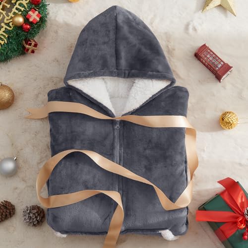 JOYWOO Wearable Blanket Hoodie, Birthday Christmas Gifts for Women Men Mom, Oversized Hooded Blanket for Adult, Cozy Fuzzy Sherpa Sweatshirt Blanket with Giant Pocket Zipper and Winter Gifts, Grey