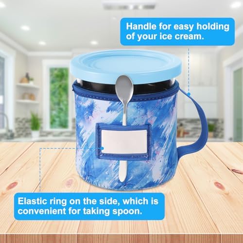 4pcs Dye Prints Ice Cream Neoprene Sleeves, with Handle Spoon Holder and Name Plate Slot Reusable Washable Insulated Sleeve for Ninja Creami Pints Container Accessories (24oz, 4 Styles)