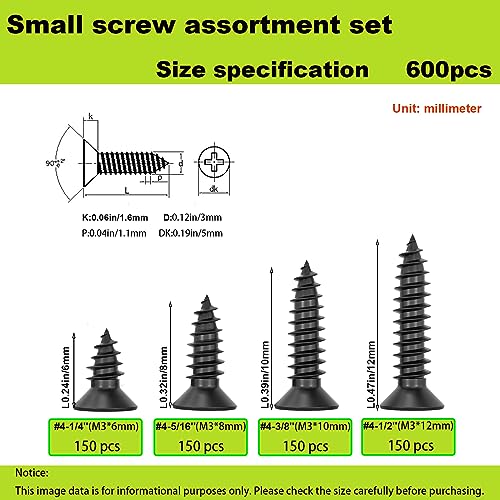 M3 Small Screw Kit, Short Wood Screws Assortment Kit, 600pcs Tiny Screws 6/8/10/12mm Phillips Flat Head Self Tapping Electronic Accessories Screw Multifunctional DIY Micro Woodworking Small Screws Set