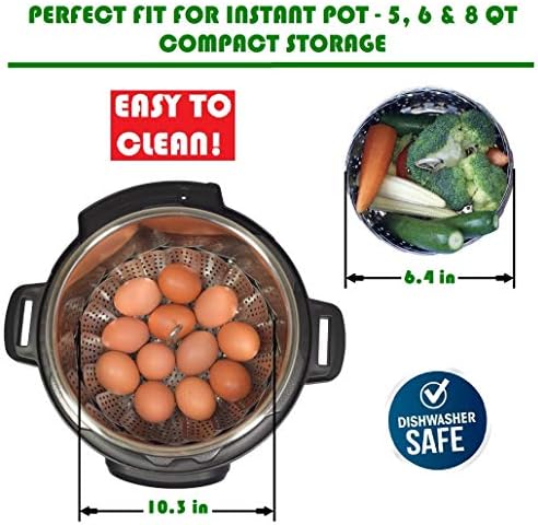 Veggie Steamer Basket - Large - Fits Instant Pot Pressure Cooker 3, 5, 6 Qt & 8 Quart - 100% Stainless Steel - Accessories Include Safety Tool + Julienne Peeler + eBook - For Instapot