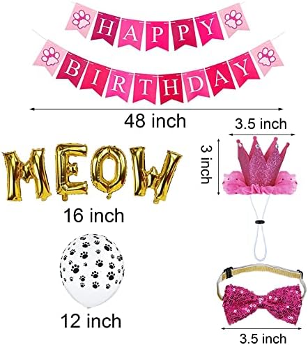 Cat Birthday Party Pack - Outfits, Bandana, Hat, Crown, Bow Tie, Number Banner, Meow & Cat Balloons for Kitten's Special Day