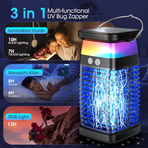Bug Zapper Outdoor, 4200V Highly Effective Mosquito Zapper, Portable & Rechargeable Solar Bug Zapper with Night Light, Electric Cordless Fly Zapper, IP68 Waterproof Insect Zapper for Patio Porch