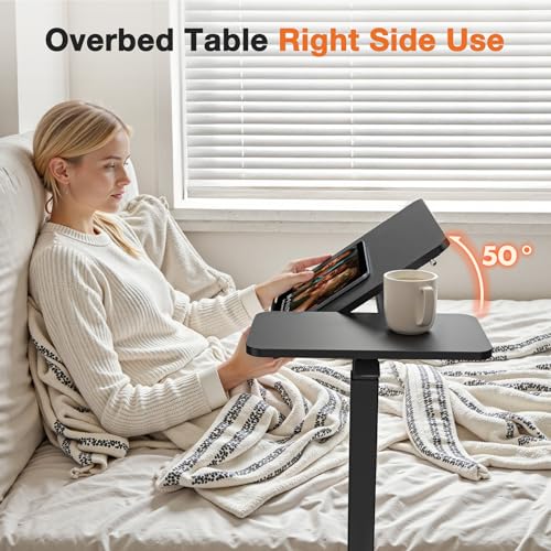 Sweetcrispy Overbed Bedside Table, Mobile Standing Desk Adjustable Height, Small Rolling Laptop Computer with Wheels, Tiltable Desktop with Tray for Hospital Office Bedroom Sofa Teachers, Black