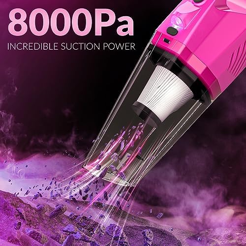 Car Vacuum Detailing Kit, Interior Car Cleaning Kit with High Power Handheld Vacuum and 7Pcs Detailing Brush Set, Well-Designed Women's Pink Car Accessories Bag