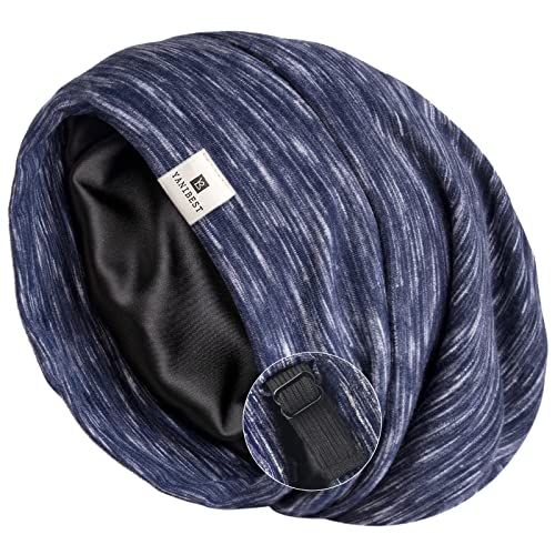 YANIBEST Silk Satin Bonnet Hair Cover Sleep Cap - Navy Adjustable Stay on Silk Lined Slouchy Beanie Hat for Night Sleeping