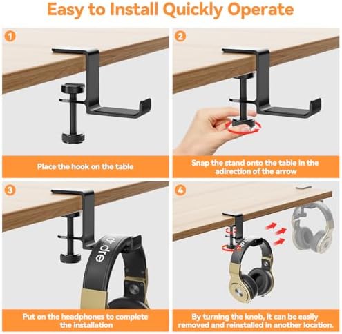 Headphone Hanger Holder Stand-Under Desk Headphone Hanger， Headset Hook Holder Space-Saving Aluminum Stand with Universal Fit for Gaming PC Accessories (Black-1PCS)