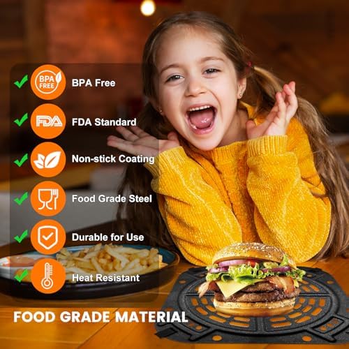 GWY Air fryer Replacement Parts for Ninja AF141 Air Fryer Pro 4-in-1 5 QT, 8.5''×8.5'' Air Fryer Grill Pan Grill Plate Crisper Plate Accessories Tray Rack with Rubber Bumpers, Dishwasher Safe