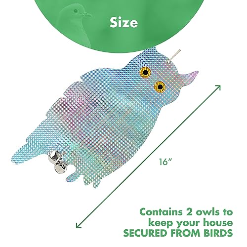 Bird Blinder Hanging Owl Decoys to Scare Birds Away - Reflective Bird Deterrent Devices - Scare Away Woodpecker, Swallow, Hawks, Crows, Pigeons and Birds - Window Strike Prevention 16 inch - Pack of 2