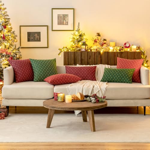 MIULEE Pack of 2 Christmas Decorative Burlap Linen Throw Pillow Covers Modern Farmhouse Pillowcase Rustic Woven Textured Cushion Cover for Sofa Couch Bed 18x18 Inch Wine Red
