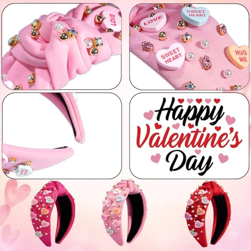 Valentine’s Day Headband for Women Girls Top Knot Jeweled Rhinestone Velvet Plush Hair Accessories Pink Red Heart Clothes Outfit