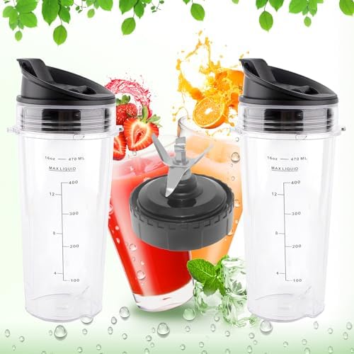 Ninja Blender Replacement Parts Compatible with BL770 BL660 BL663 BL663CO BL665Q BL740, 2 Pack Single Serve Ninja Blender 16oz Cups with Sip & Seal Lids &6 Fins Ninja Blender Blade Assembly