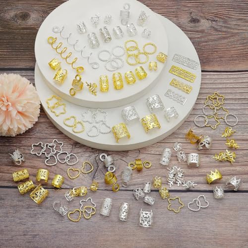 Fscwlmon 260 Pcs Hair Jewelry for Braids,Hair Beads Accessories for Dreadlock,Metal Hair Clips Cuffs Rings,Loc Rave Hair Charm Decorations Adjustable Kits for Men Women Gold and Silver