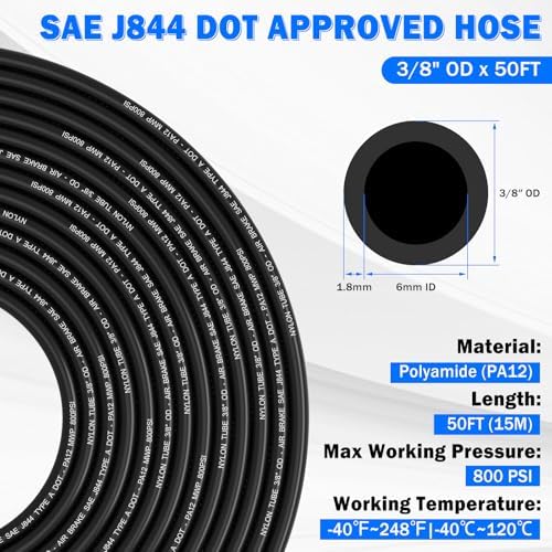 Air Line Tubing Kit, 3/8" OD DOT Air Line 50 FT(15 m) SAE j844 PA Nylon Air Hose Tubing and Push to Connect Fittings for Air Brake System Or Fluid Transfer, 29 Pcs Compressed Accessories Kit
