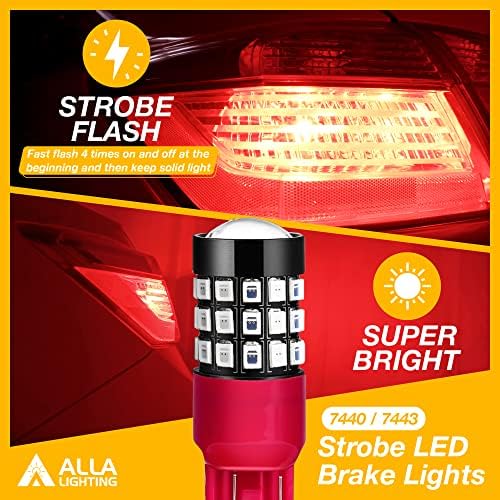 Alla Lighting Upgraded T20 7440 7443 LED Strobe Brake Lights Bulbs, Red Flashing Stop Lamps, W21W 7440LL 7443LL Strobe LED Taillights Replacement for Cars, Trucks, SUVs, Vans