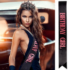 Velscrun Pink-Black Crystal Birthday Tiara Crowns for Women Girls Elegant Princess Crown with Combs Birthday Girl Headband Sash Happy Birthday Party Decorations Birthday Gift Hair Accessories