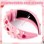 PANTIDE Valentine's Day Heart Jeweled Knotted Headband - Heart Rhinestone Crystal Embellished Headband Wide Top Knot Fashion Hairband Accessories Christmas Birthday Gift for Lover Women (Pink)