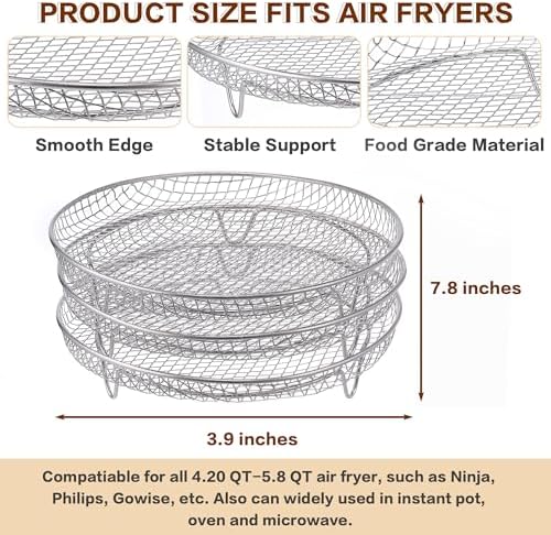 7.8" Air Fryer Accessories, 3 Stackable Racks for Instant Vortex, Nuwave Air Fryer, Ninja Foodi Grill, Multi-Layer 304 Stainless Steel Grill Rack, Fits 5.8 QT Air Fryer Oven