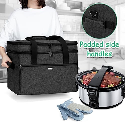YARWO Large Slow Cooker Travel Bag Compatible with Crock-Pot/Hamilton Beach 8-10 Quart, Double Layers Slow Cooker Carrier Case for Kitchen Appliance and Accessories, Upgraded Version, Black (Bag Only)