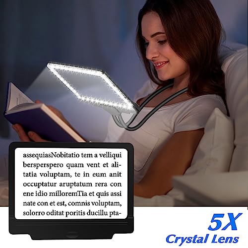 NZQXJXZ 5X Hands Free Magnifying Glass with Neck Wear for Reading Flexible Gooseneck Full Book Page Magnifier with 36 Ultra-Bright Dimmable LED Lights Provide Large Viewing Area for Repair Sewing