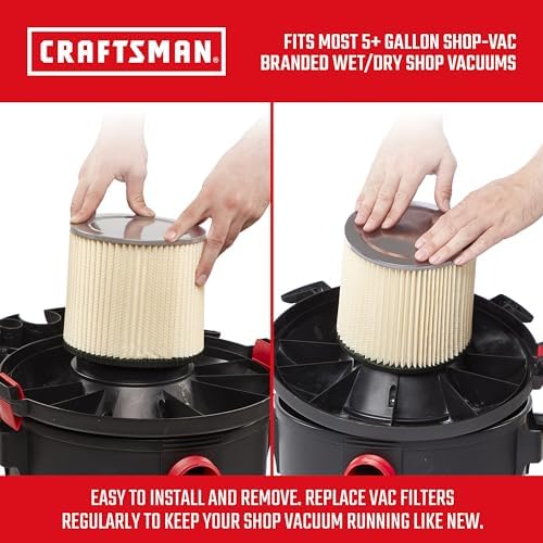 CRAFTSMAN CMXZVBE38854 General Purpose Wet Dry Vac Replacement Vacuum Filter for Most Shop-Vac Branded Shop Vacuums, Friction Fit Installation, Traps General Debris