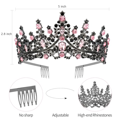 Velscrun Pink-Black Crystal Birthday Tiara Crowns for Women Girls Elegant Princess Crown with Combs Birthday Girl Headband Sash Happy Birthday Party Decorations Birthday Gift Hair Accessories