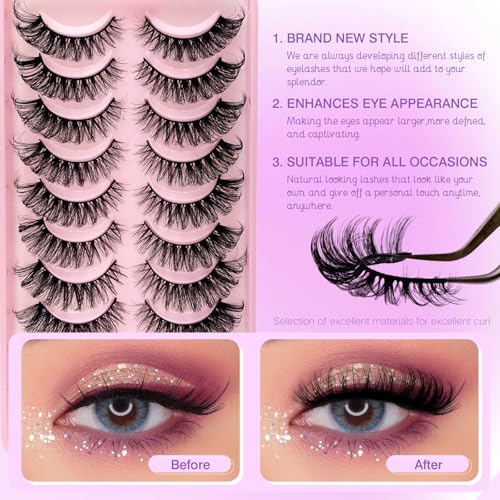 Royaomis D Curl Cat Eye lashes Wispy Russian Strip Lashes that Look Like Extensions 8D False Eyelashes Natural Look Pack 10 Pairs (RM-39)