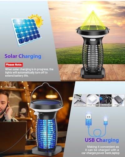 Solar Bug Zapper, 3-in-1 Mosquito Zapper with Camping Lantern, Cordless Bug Zapper for Outdoor and Indoor, Battery Powered Fly Zapper, Waterproof Mosquito Killer for Patio, Home, Backyard, Camping