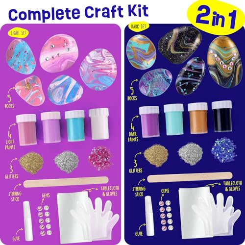 2 in 1 Rock Painting Art Kit - Glow in The Dark Pouring Rock Kit - Arts and Crafts for Kids Girls & Boys Ages 6-8, 8-12, Craft Paint Kits Art Toys, Art Supplies Christmas Birthday Gift for Kids