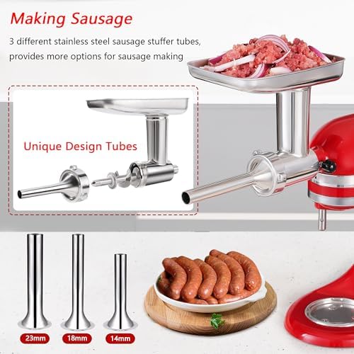Food Grinder Attachment for KitchenAid Mixers,Stainless Steel Dishwasher Safe Meat Mincer Accessories Set Included 3 Sausage Stuffer Tubes