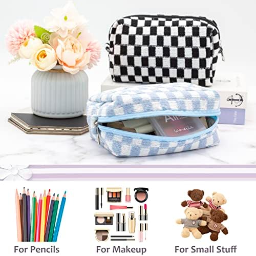 PAZIMIIK Checkered Makeup Bag for Purse Portable Zipper Make Up Pouch Small Cosmetic Case for Travel Accessories (6PCS Blue)