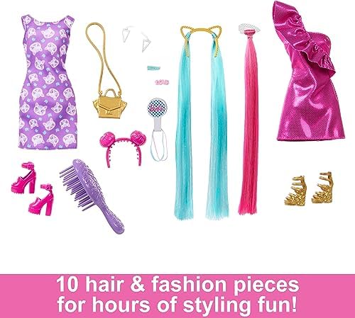 Barbie Fun & Fancy Set, Fashion Doll with Extra-Long Color-Streaked Blonde Hair, Clothes & Styling Accessories